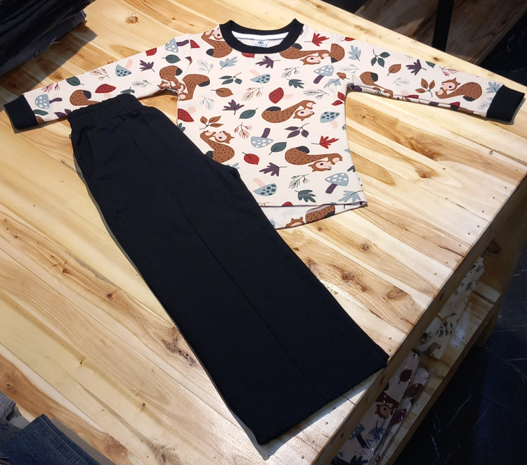 ست بلوز شلوار بگ دخترانه طرح پاییزه (سنجاب و قارچ) 5 تا 12 سال